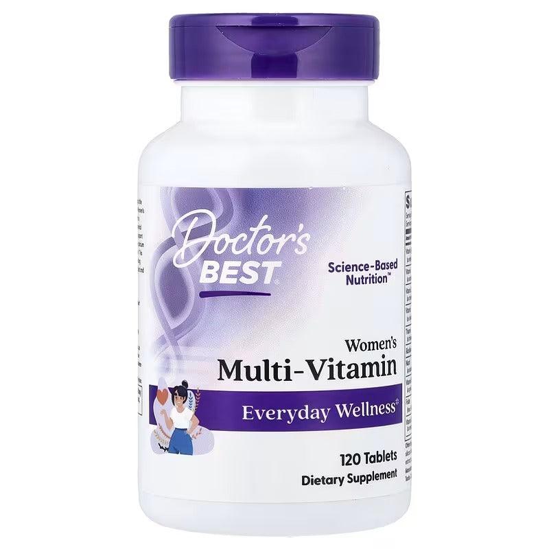 Women's multi-vitamin supplement bottle with purple cap, 120 tablets