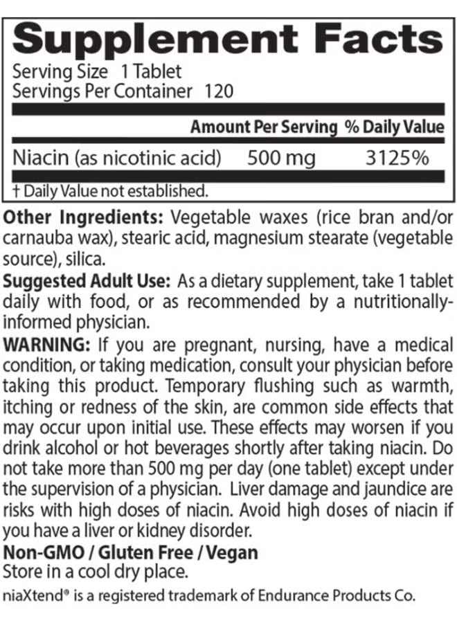 Supplement Facts label for niacin 500 mg tablets, 120 servings
