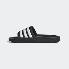 Black Adidas pool slippers for men and women with white stripes and cushioned sole