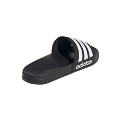 Black adidas pool slippers for men and women with white stripes and slip-on design
