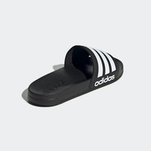 Black adidas slide sandal with three white stripes and open toe footbed