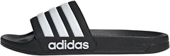 Black adidas pool slippers for men and women with white stripes and logo on strap