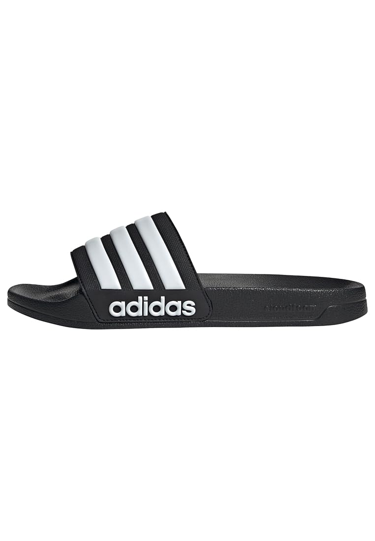 Black adidas slide with white stripes and logo pool slippers for men and women