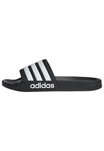 Black adidas pool slide sandal with three white stripes and adidas logo on the strap
