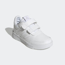 Kids adidas Tensaur sneakers in white with hook-and-loop straps and cushioned sole.