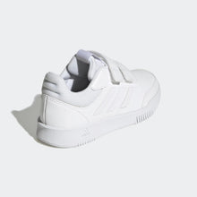 Kids adidas Tensaur sneakers, white back view with heel pull tab and padded collar.