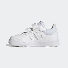 Kids adidas Tensaur sneakers in white, side view with perforations and hook-and-loop strap.