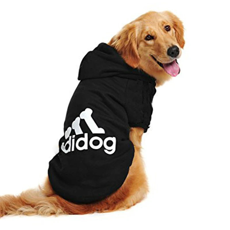 Adidog dog hoodie in black for dogs with a stylish logo design and comfortable fit