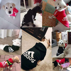 Assorted Adidog dog hoodies in various colors and styles for fashionable pets