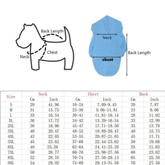 Adidog dog hoodie size chart showing neck, chest, and back length measurements for pet owners