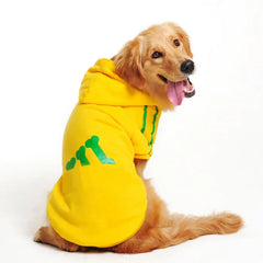 Bright yellow Adidog dog hoodie with green bone prints for stylish and cozy pet wear