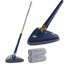 Adjustable mop with blue telescopic handle, base, and grey triangular pads