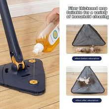 Blue mop base with spray bottle dispensing liquid and grey microfiber pad