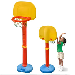 Huitich adjustable basketball hoop for kids in bright yellow and red with blue base and child playing