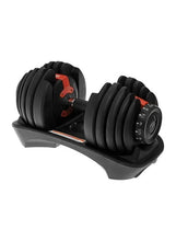 Adjustable dumbbell with stacked black plates and red handle accents on base
