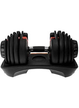 Adjustable dumbbell end view with stacked black plates, red latch, and grip