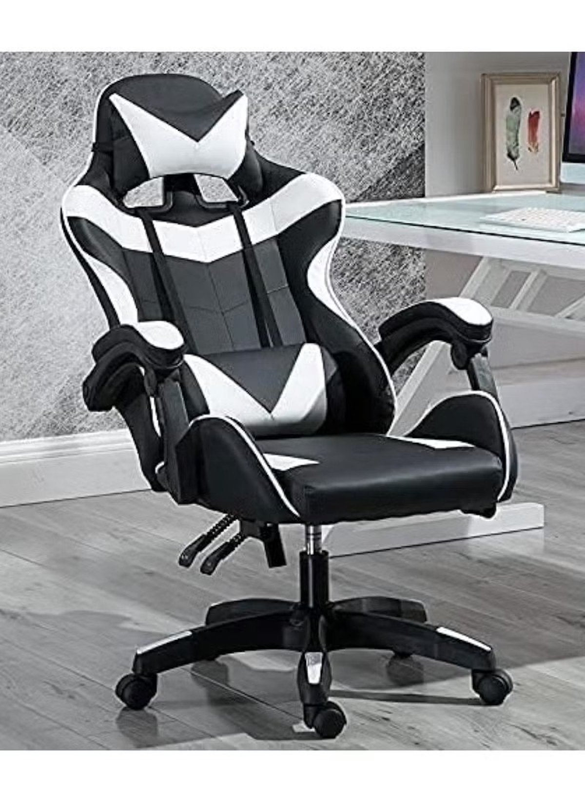 adjustable gaming chair with headrest in black white ergonomic design