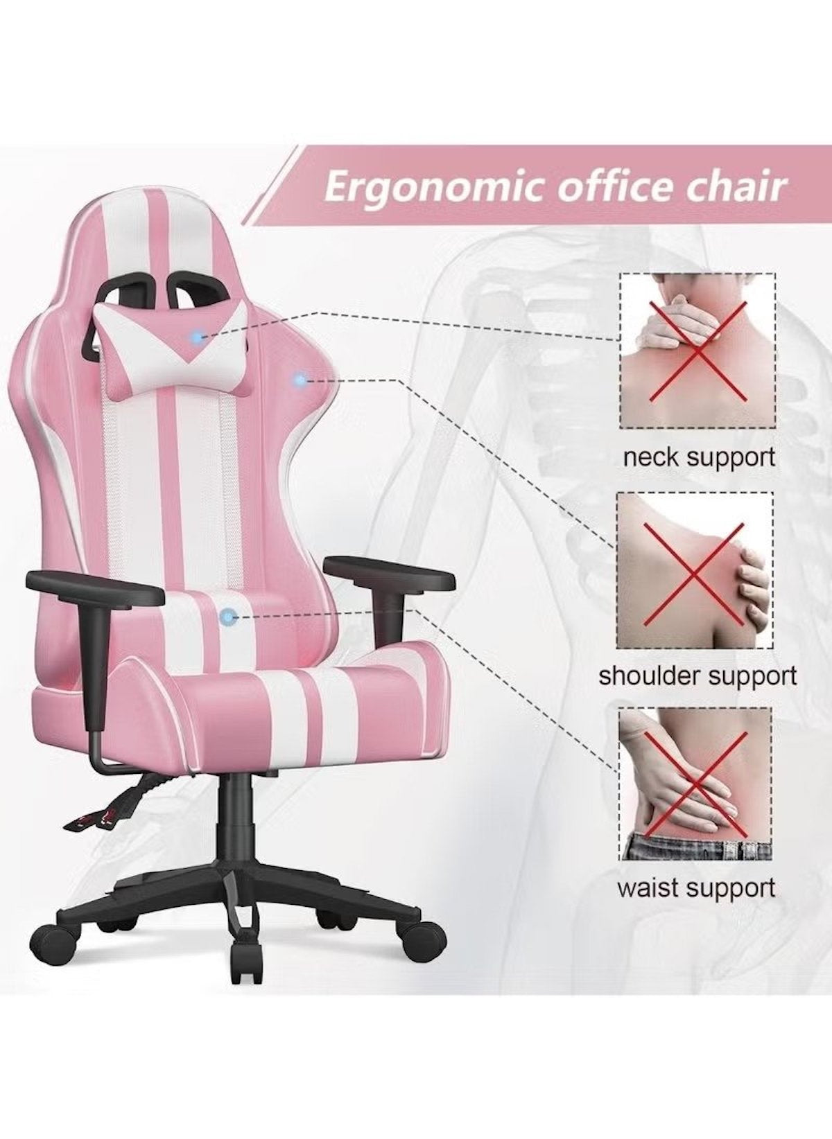 Huitich adjustable gaming chair with headrest in pink and white ergonomic design without neck shoulder or waist support