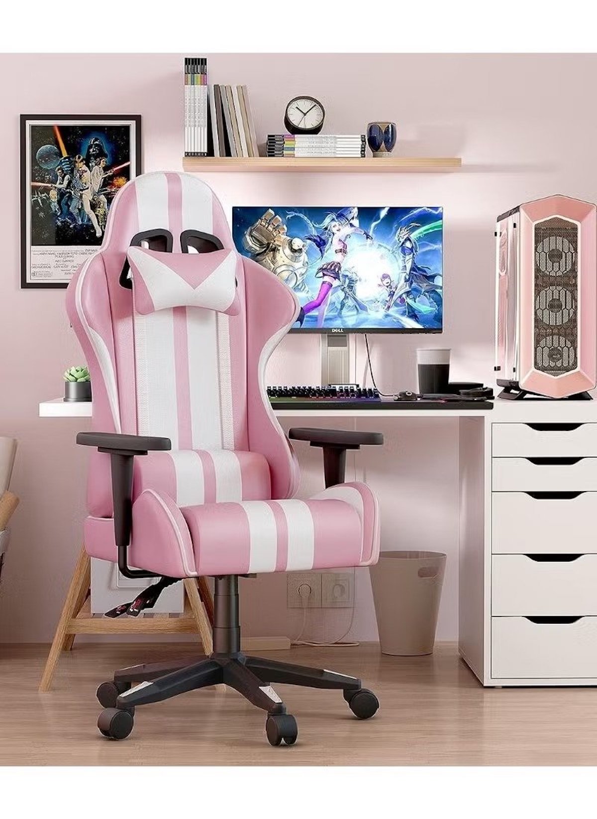Huitich adjustable gaming chair with headrest in pink and white stripes in a modern gaming setup