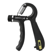 Black adjustable hand grip strengthener with digital counter display and spring handle