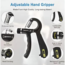 Adjustable hand grip strengthener with spring mechanism and digital counter on black handle