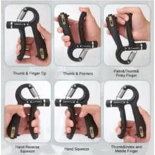 Hand grip strengthener in multiple hand positions, each with digital counter display