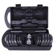 Adjustable iron dumbbell set in black carry case with stacked weight plates