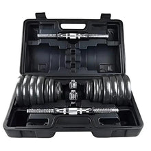 Adjustable iron dumbbell set in black carry case with multiple stacked plates