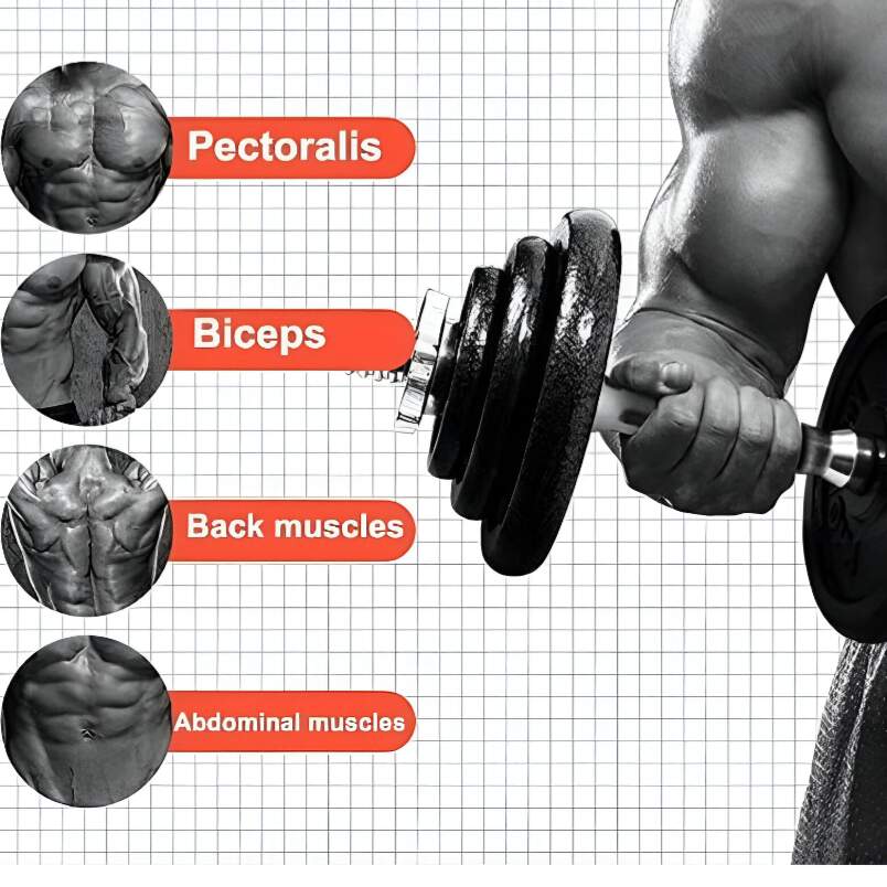 Man lifting adjustable iron dumbbell set 30kg targeting pectoralis biceps back and abdominal muscles
