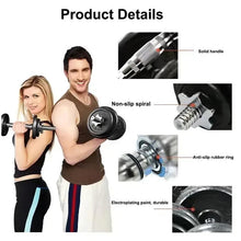 Adjustable iron dumbbell set shown being held with product detail close-ups