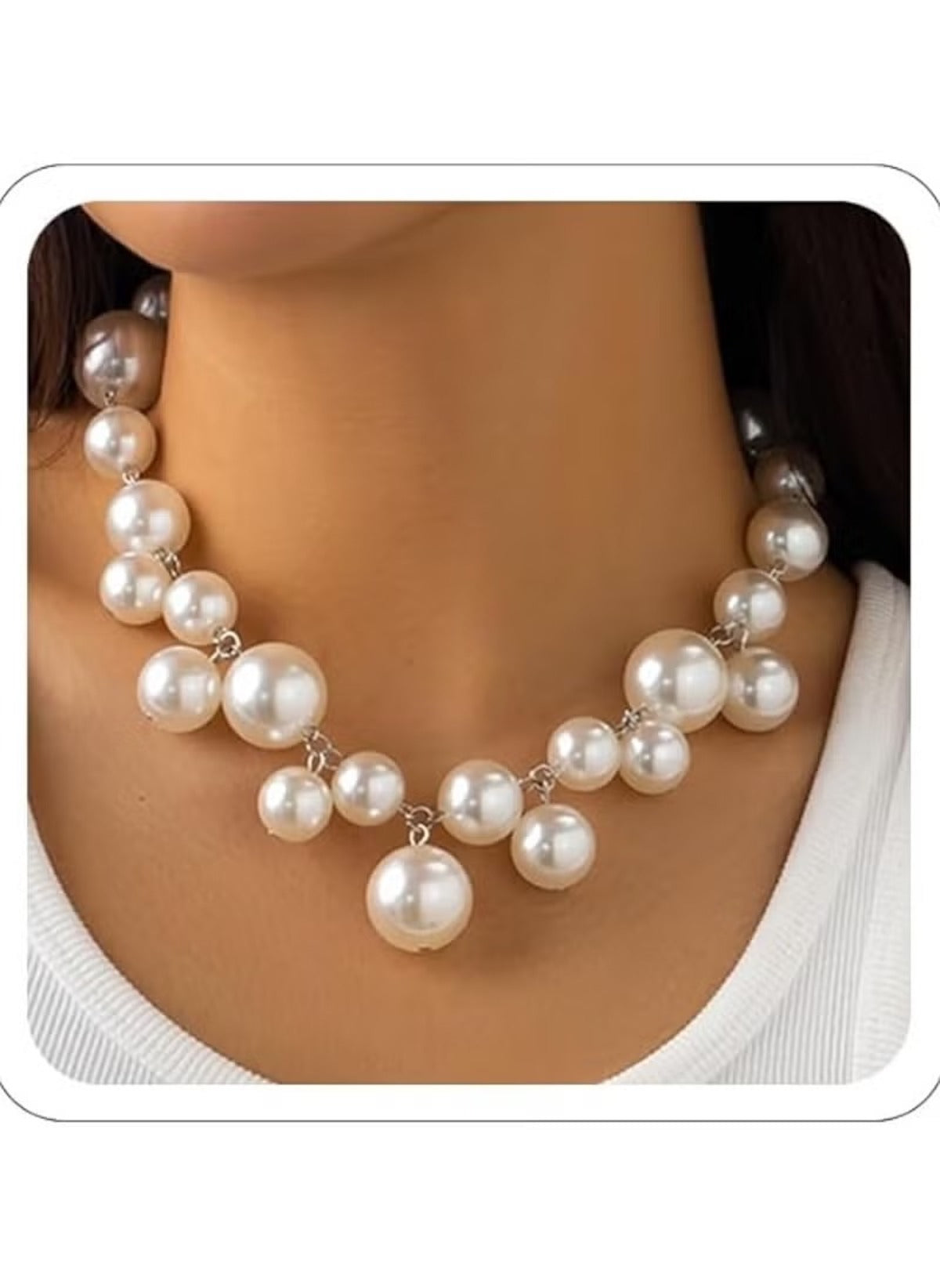 Adjustable pearl necklace 42cm extender worn on neck with large and small white pearls
