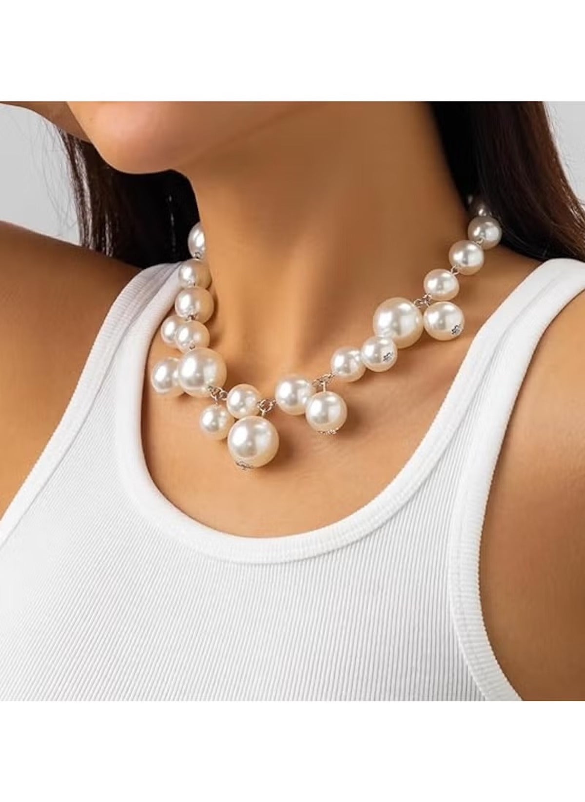 Huitich adjustable pearl necklace 42cm extender worn on woman with white tank top
