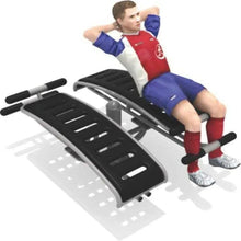 Adjustable sit-up bench in incline position with two black foot platforms and padded handles