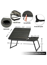 Adjustable laptop bed desk with textured surface, side tray, and folding legs