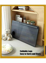 Gray foldable laptop desk with tabletop, compact storage position, folding legs