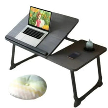 Gray adjustable laptop desk with angled top and side tray, folding legs