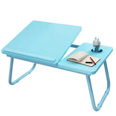 Huitich blue adjustable wooden laptop desk with tilted main surface and side compartment for cup and notebook