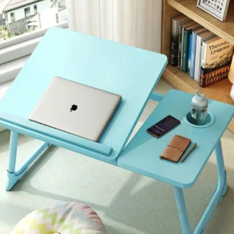 Huitich adjustable wooden laptop desk in light blue with cup holder and angled surface for laptop use