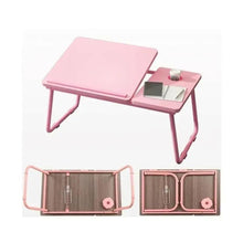 Pink adjustable wooden laptop desk shown with open foldable legs storage base