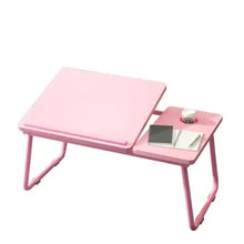 Pink adjustable wooden laptop desk with cup holder and side table