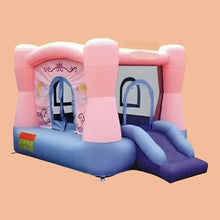 Inflatable bounce house with slide, pink and blue, multi-color panel on side