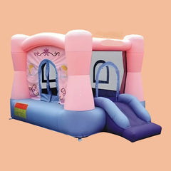 Huitich Adventure Haven bounce house in pink and blue with slide and mesh windows for outdoor fun