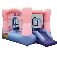 Inflatable bounce house with slide, pink and blue, two arched doorways