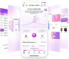 Mobile app screens for ovulation tracking, LH results, and cycle summary
