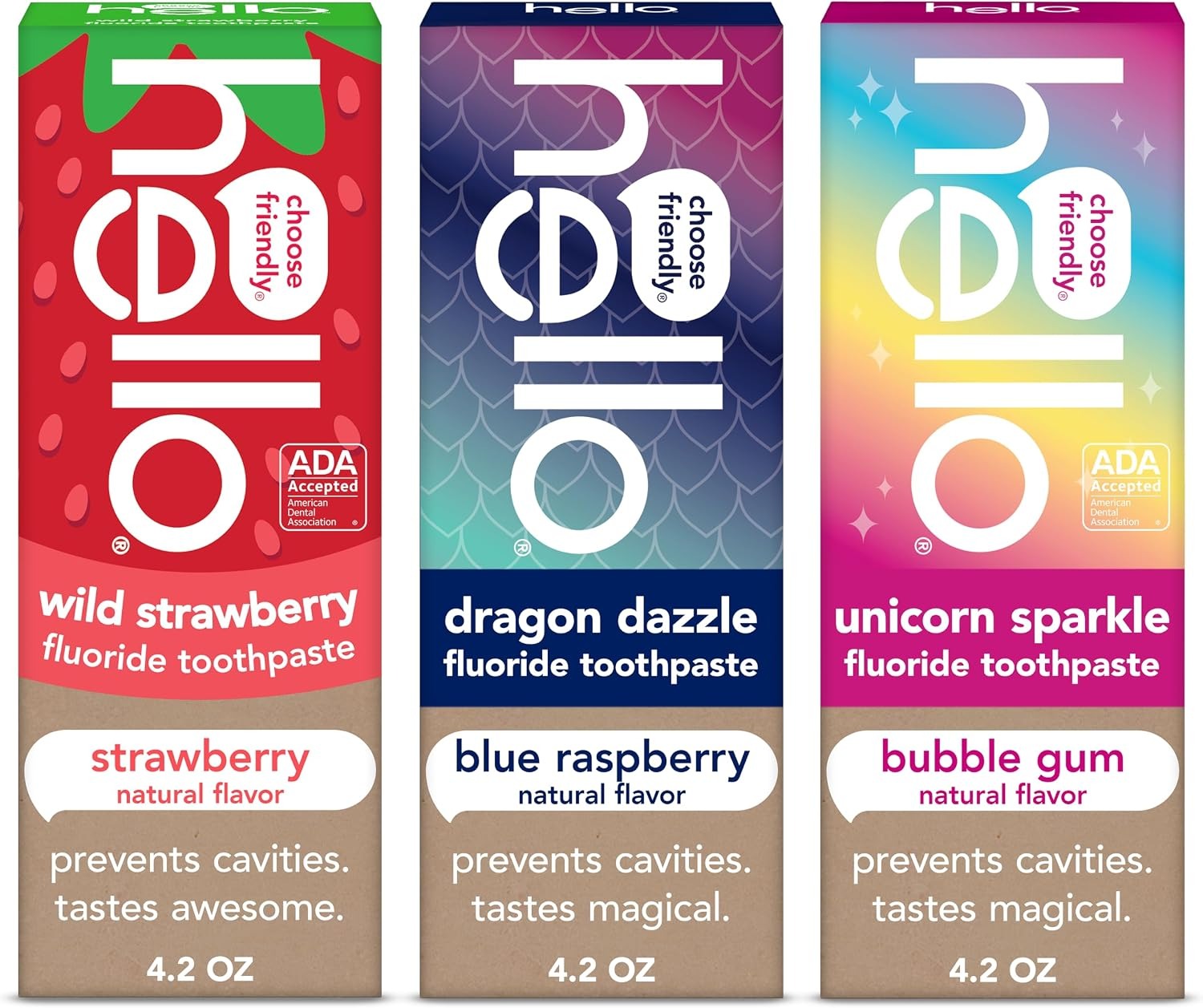 hello kids fluoride toothpaste variety pack: strawberry, dragon dazzle, unicorn sparkle (3x4.2 oz)