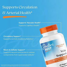 Vein support supplement bottle with orange cap and blue label, front view
