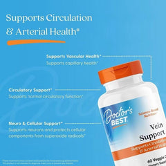 Vein support supplement bottle with orange cap and blue label, front view