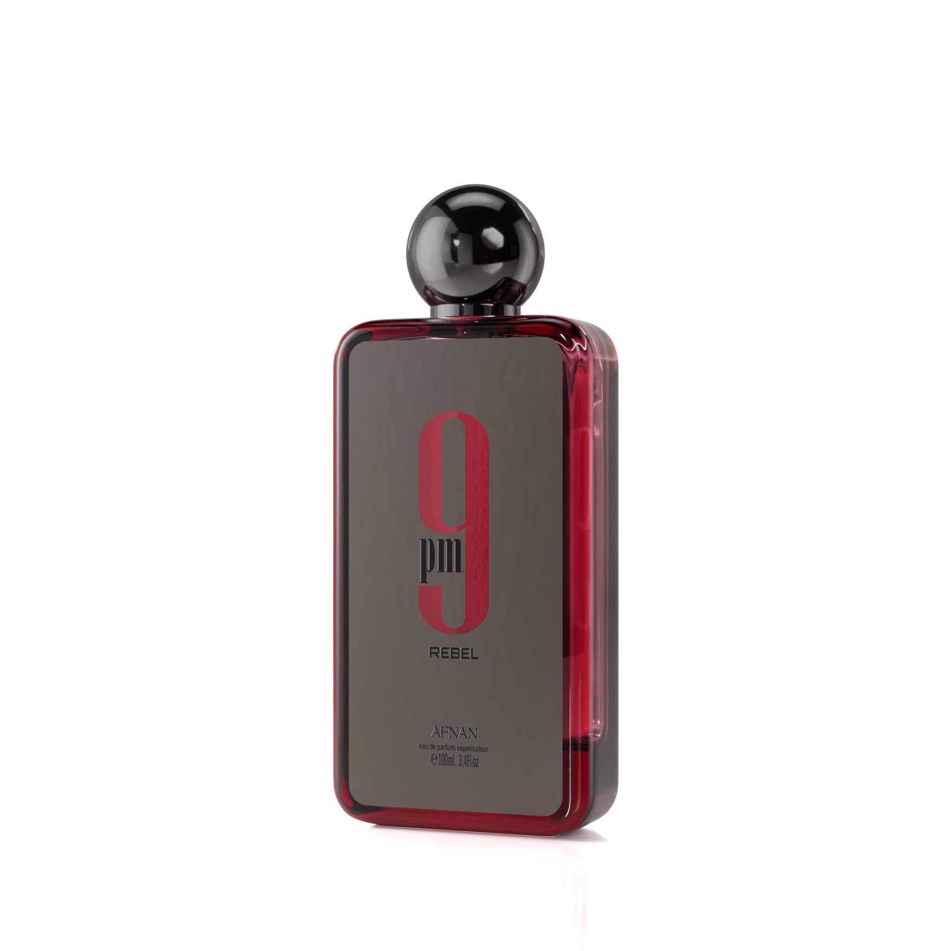 Afnan 9 PM Rebel perfume bottle with black cap and red details on clear glass
