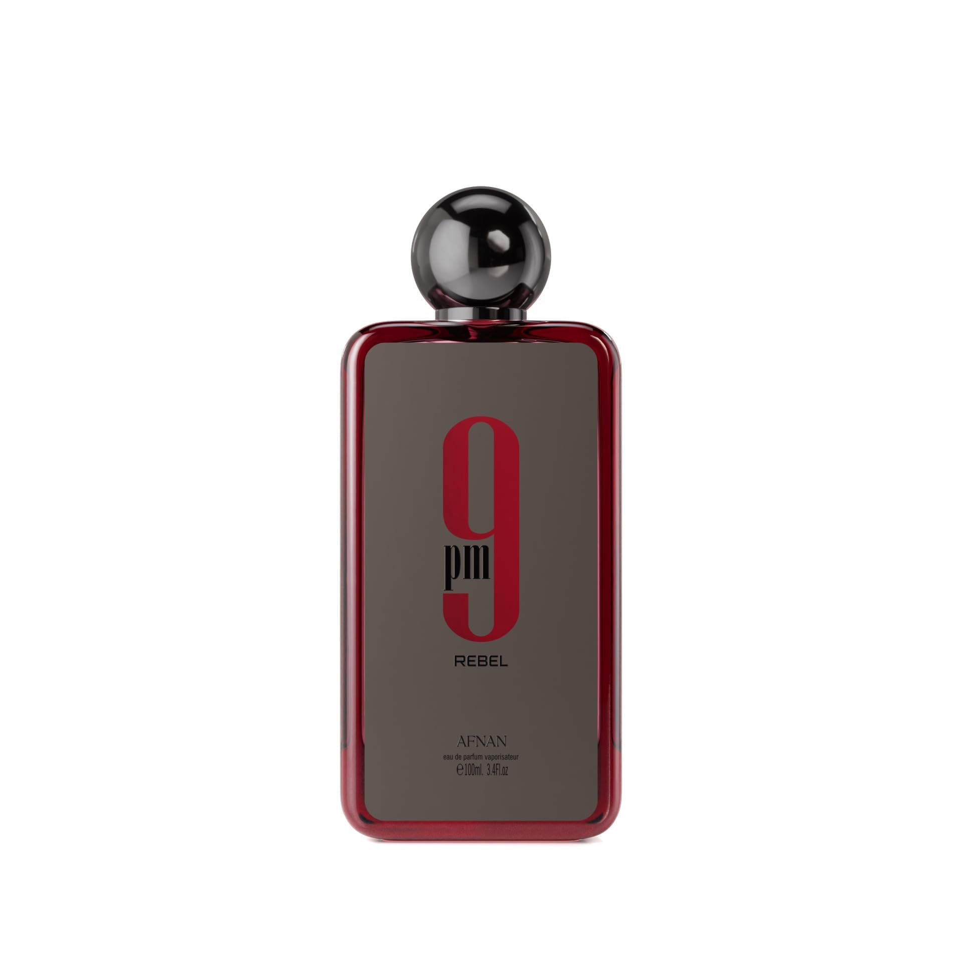 Afnan 9 PM Rebel perfume bottle with dark red and black design and round black cap