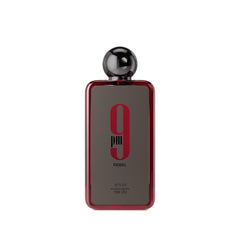 Afnan 9 PM Rebel perfume bottle with dark red and black design and round black cap
